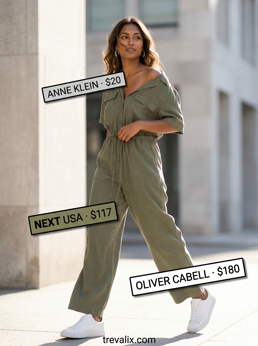Olive green utility jumpsuit, crossbody belt bag, white sneakers, and silver hoops for trendy sporty chic summer outfits for women 2026.