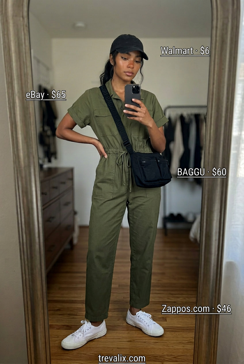 Khaki utility jumpsuit, crossbody bag, sneakers, and baseball cap for trendy sporty chic summer outfits for women 2026.