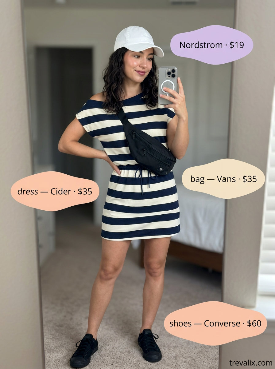Navy and white striped mini dress, sneakers, baseball cap, and crossbody bag for trendy sporty chic summer outfits for women 2026.