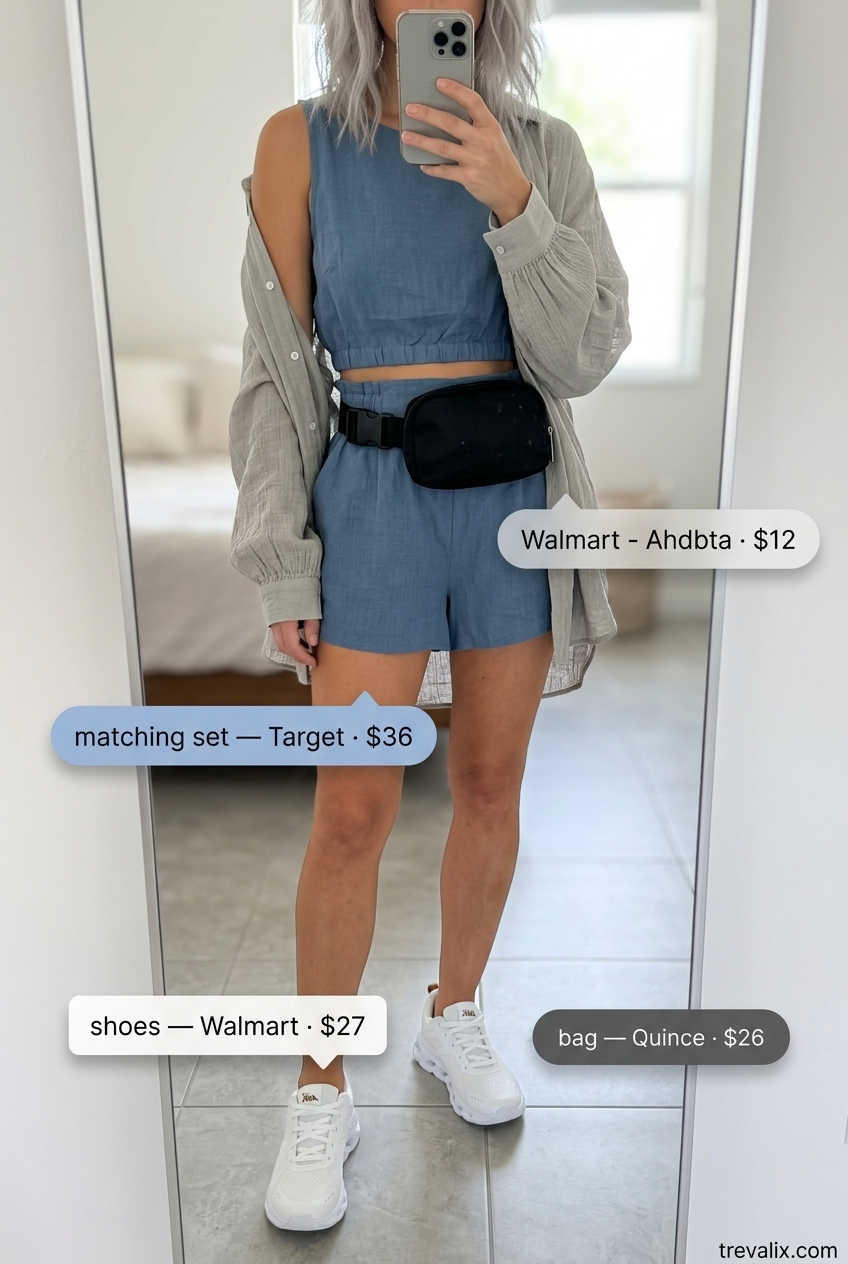 Trendy sporty chic summer outfits for women 2026: Navy athletic set, grey shirt, white sneakers, belt bag.