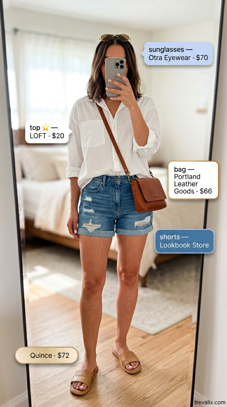 Trendy sporty chic summer outfits for women 2026: White shirt, denim shorts, tan sandals, crossbody bag, sunglasses.