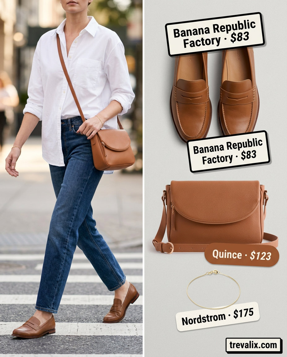 Trendy sporty chic summer outfits for women 2026: White oversized shirt, denim jeans, tan loafers, crossbody bag.