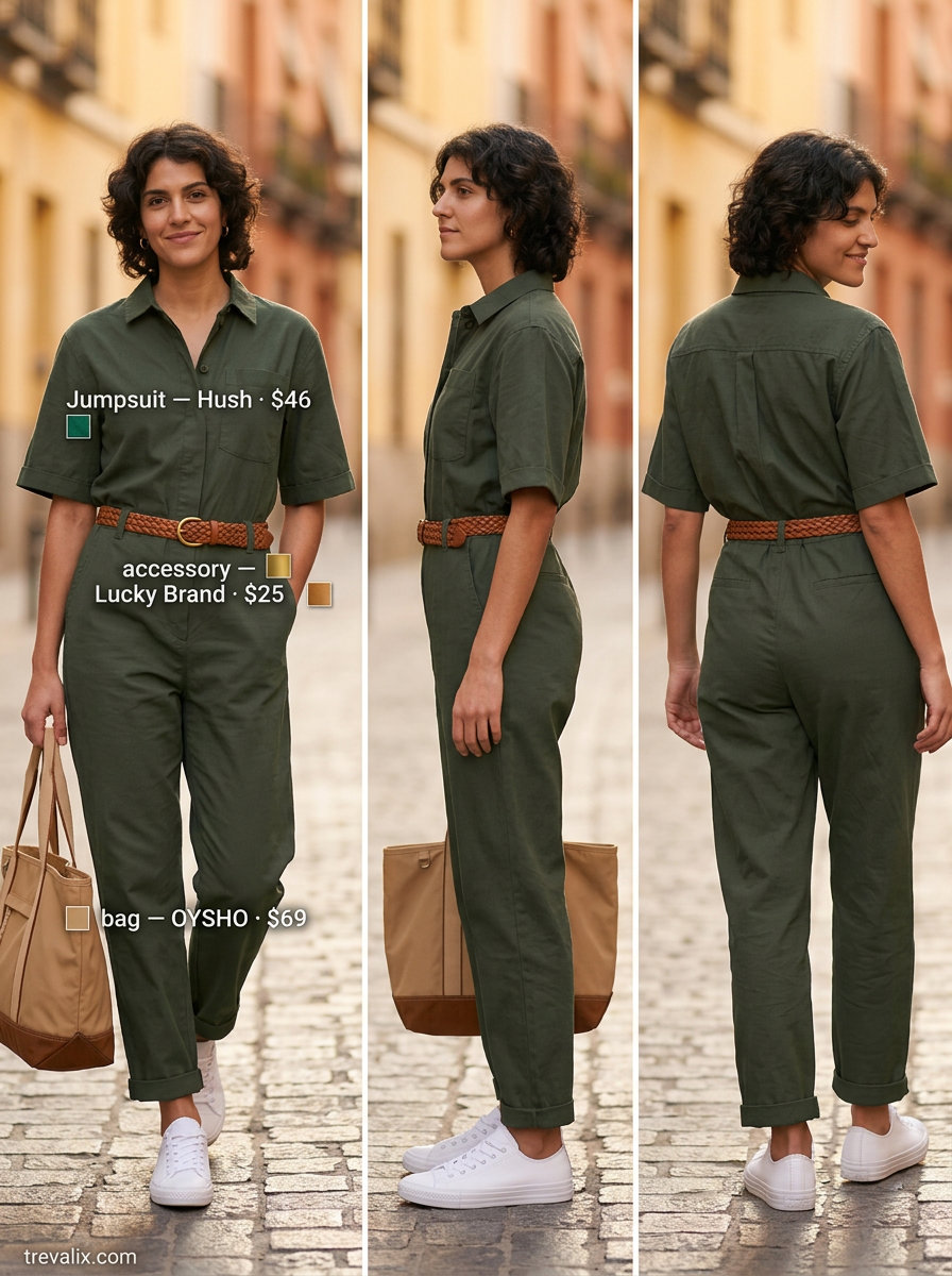 Trendy sporty chic summer outfits 2026: Khaki utility jumpsuit, white sneakers, and woven belt for city exploration.