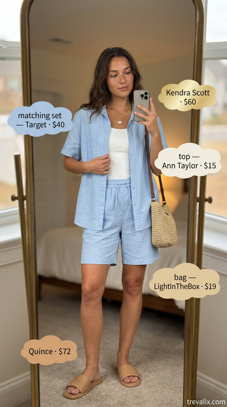 Trendy sporty chic summer outfits 2026: Light blue linen set, white tank, leather sandals for effortless resort wear.