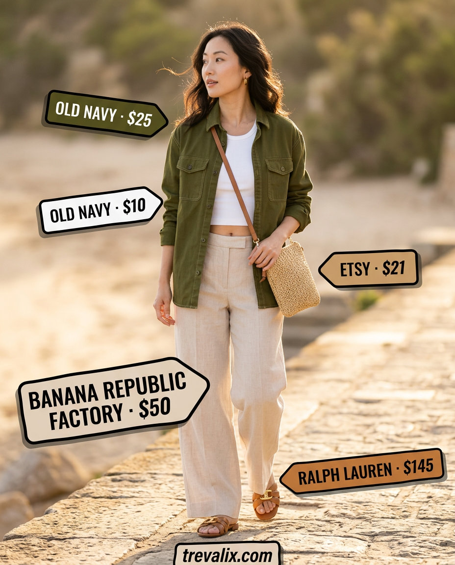 Trendy sporty chic summer outfits 2026: Beige linen trousers, white tank, olive green shirt for relaxed day out.