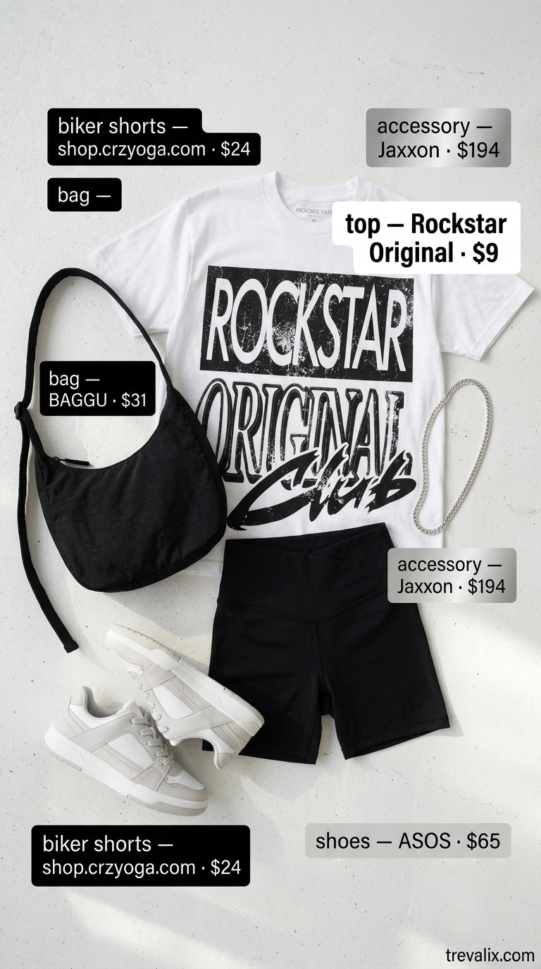 Trendy sporty chic summer outfits 2026: Black biker shorts, graphic tee, chunky sneakers for modern sporty style.