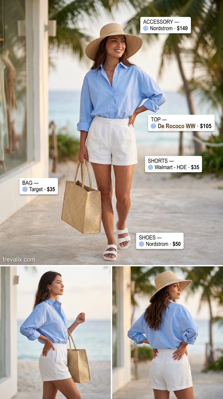 Trendy sporty chic summer outfits 2026: White linen shorts, oversized light blue shirt, straw hat for poolside chic.