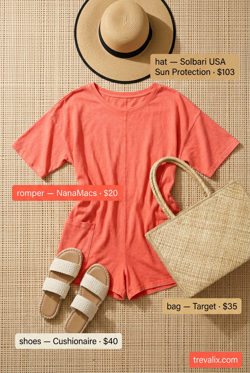 Trendy sporty chic summer outfits 2026: Coral linen romper, straw hat, espadrilles for relaxed beachwear.