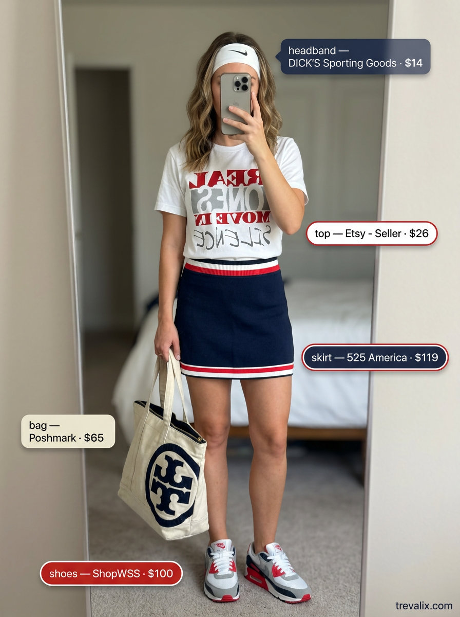 Trendy sporty chic summer outfit 2026: Navy A-line mini skirt, graphic tee, retro sneakers, and headband for a casual hangout.