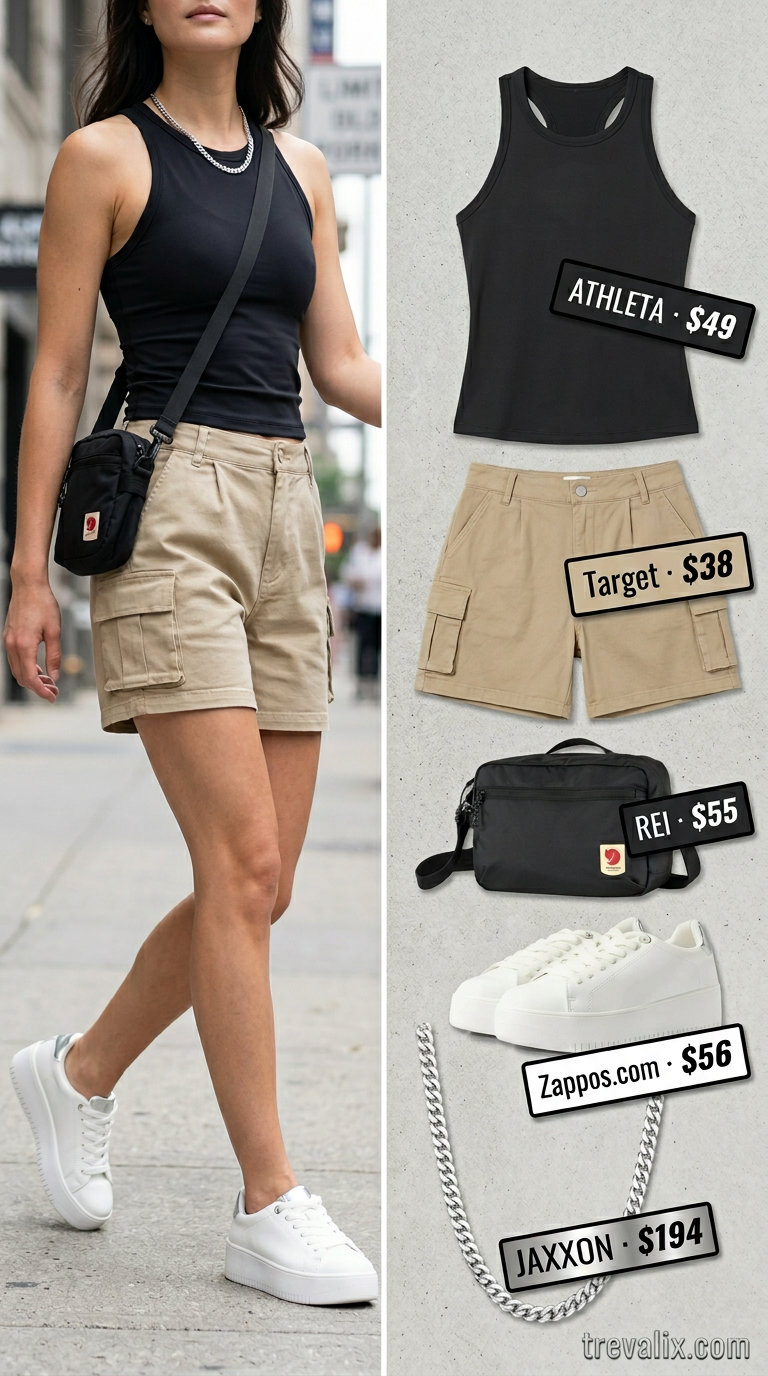 Trendy sporty chic summer outfits for women 2026: Khaki cargo shorts, black tank, mesh sneakers, silver necklace.