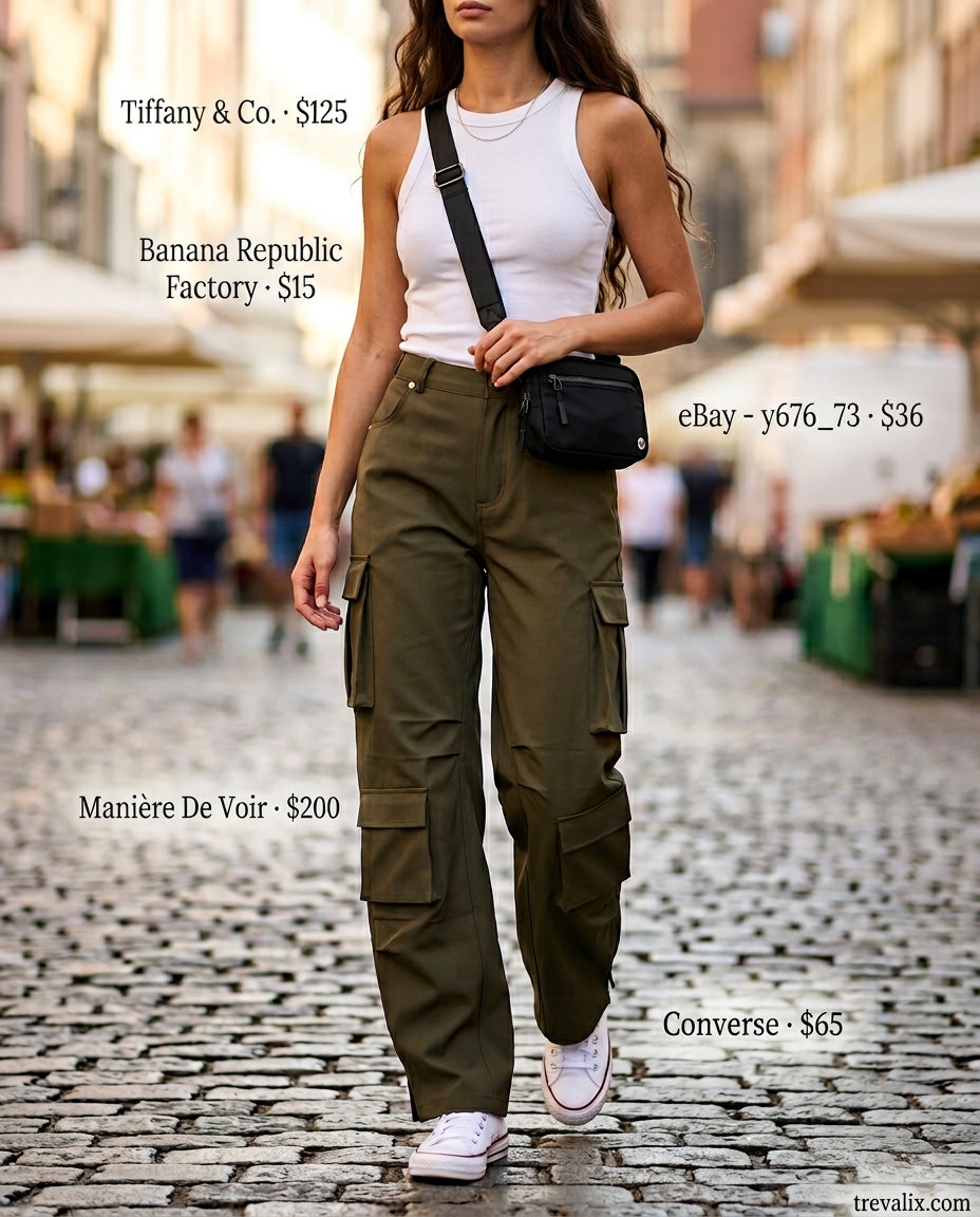 Trendy sporty chic summer outfits for women 2026: Khaki cargo pants, white tank, leather sneakers, silver necklace.