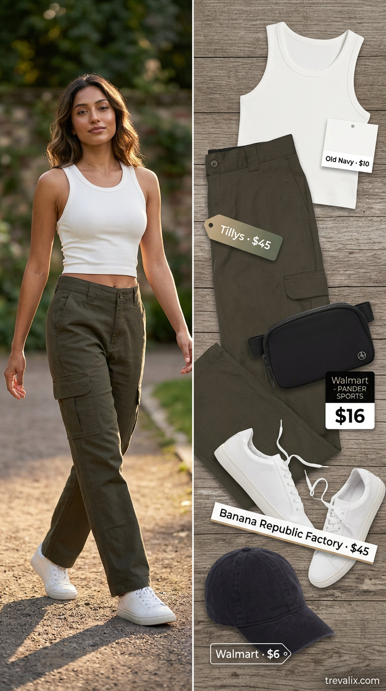Trendy sporty chic summer outfits 2026: Khaki cargo pants, white tank, black belt bag for urban exploration.