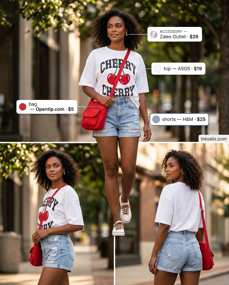 Trendy sporty chic summer outfits 2026: Denim shorts, graphic tee, canvas sneakers for casual weekend style.