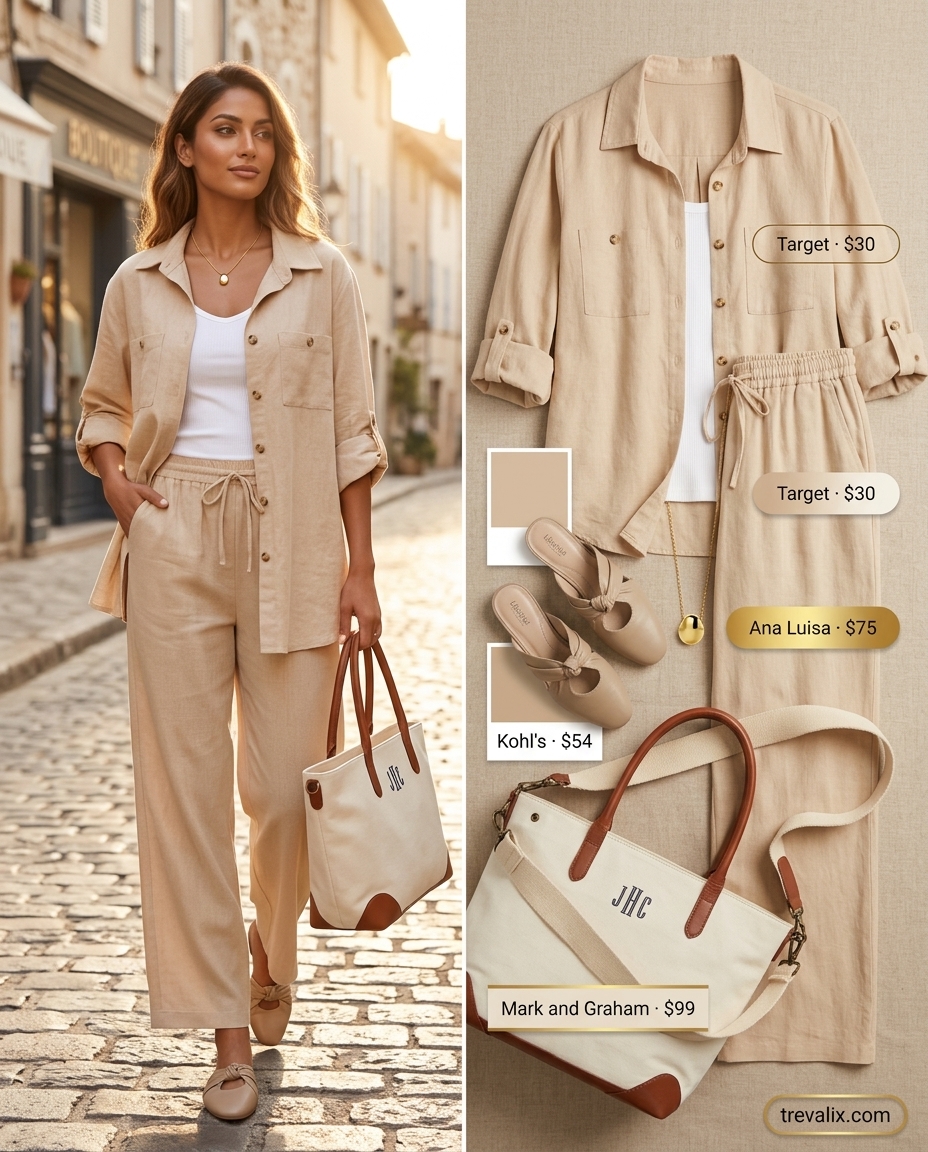 Trendy sporty chic summer outfits 2026: Light beige linen set, white tank, leather mules for weekend getaway style.