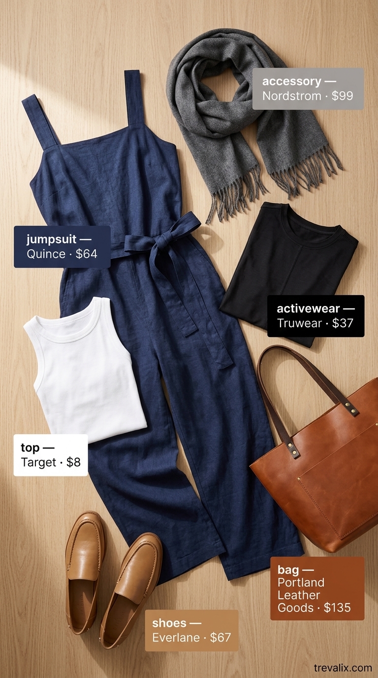 Chic navy blue jumpsuit for travel, paired with a white tank and tan loafers. Trendy summer activewear for women 2026.