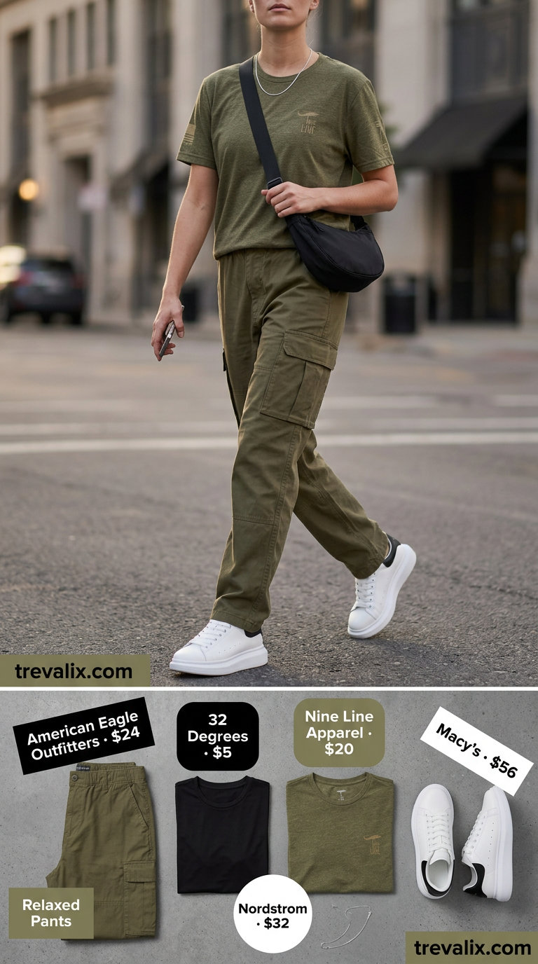 Olive green cargo pants and black tee for city exploration. Trendy summer activewear for women 2026.