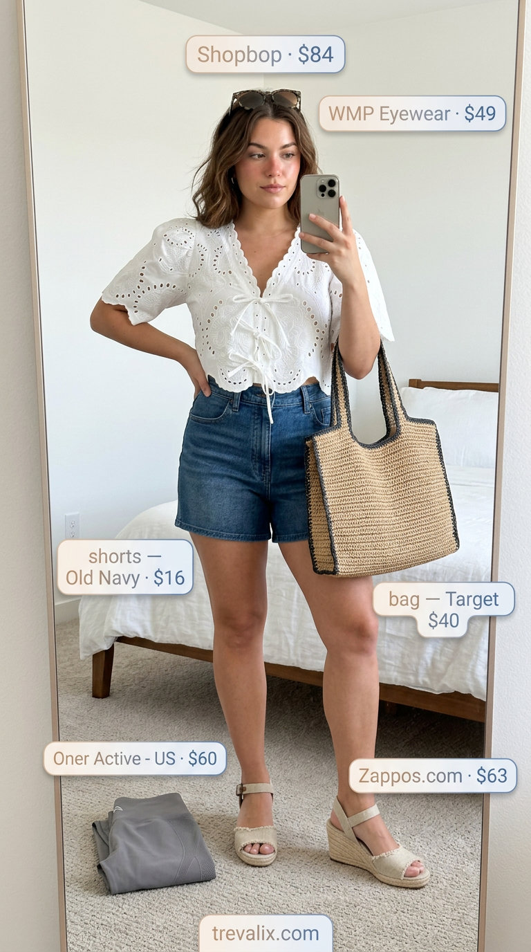 Trendy summer activewear for women 2026: Denim blue high-waisted shorts for beach days.