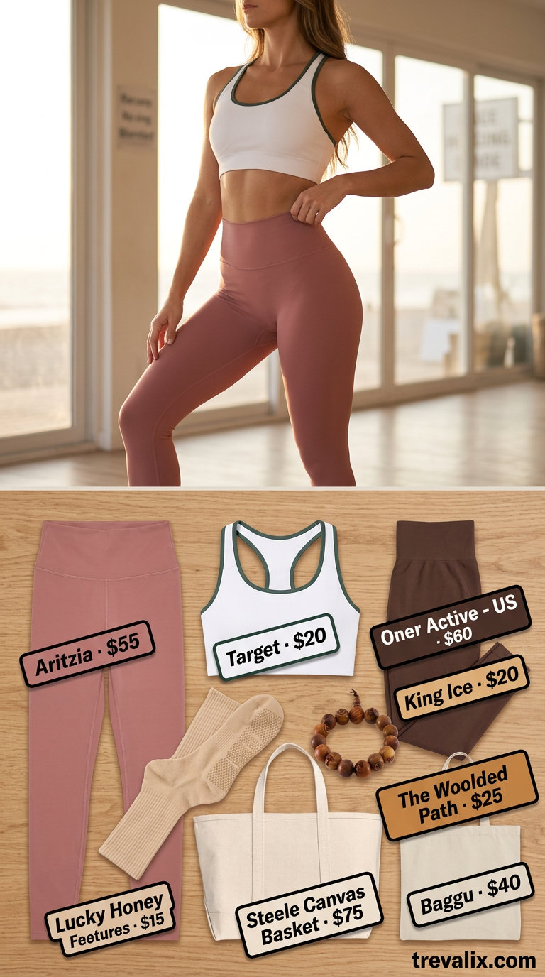 Trendy summer activewear for women 2026: Dusty rose seamless leggings for beach yoga and pilates.