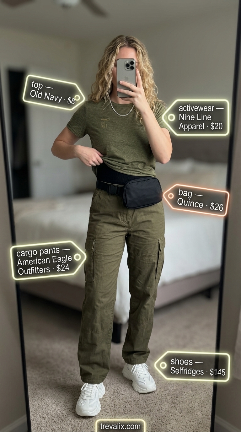 Trendy summer activewear for women 2026: Olive cargo pants, black tank, black belt bag, silver necklace, white sneakers.