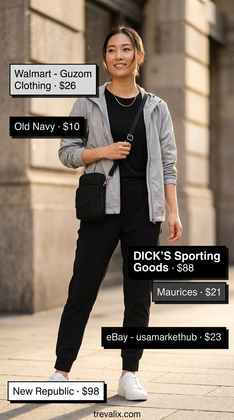 Trendy summer activewear for women 2026: Black joggers, white tee, grey windbreaker, white sneakers for commute.