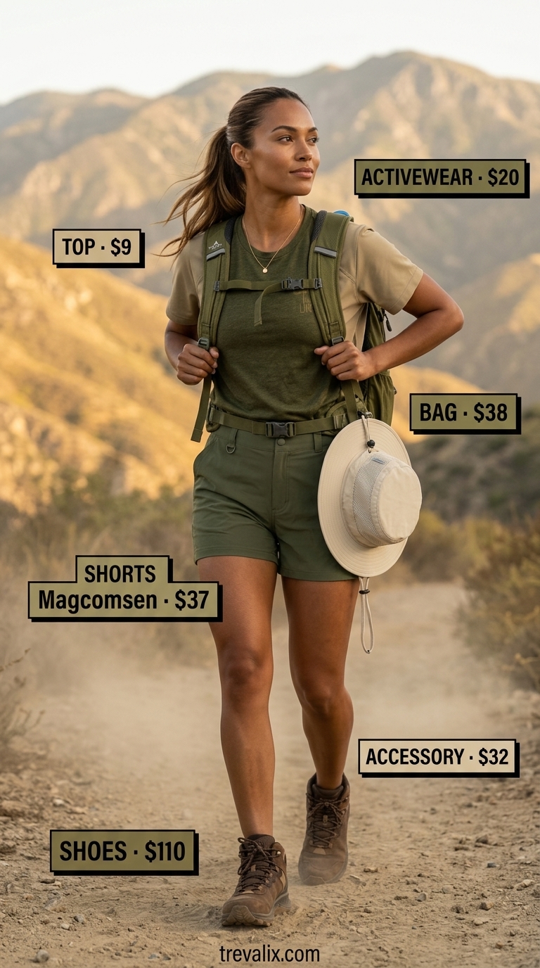 Trendy summer activewear for women 2026: Olive shorts, khaki shirt, brown boots, beige hat, green backpack.