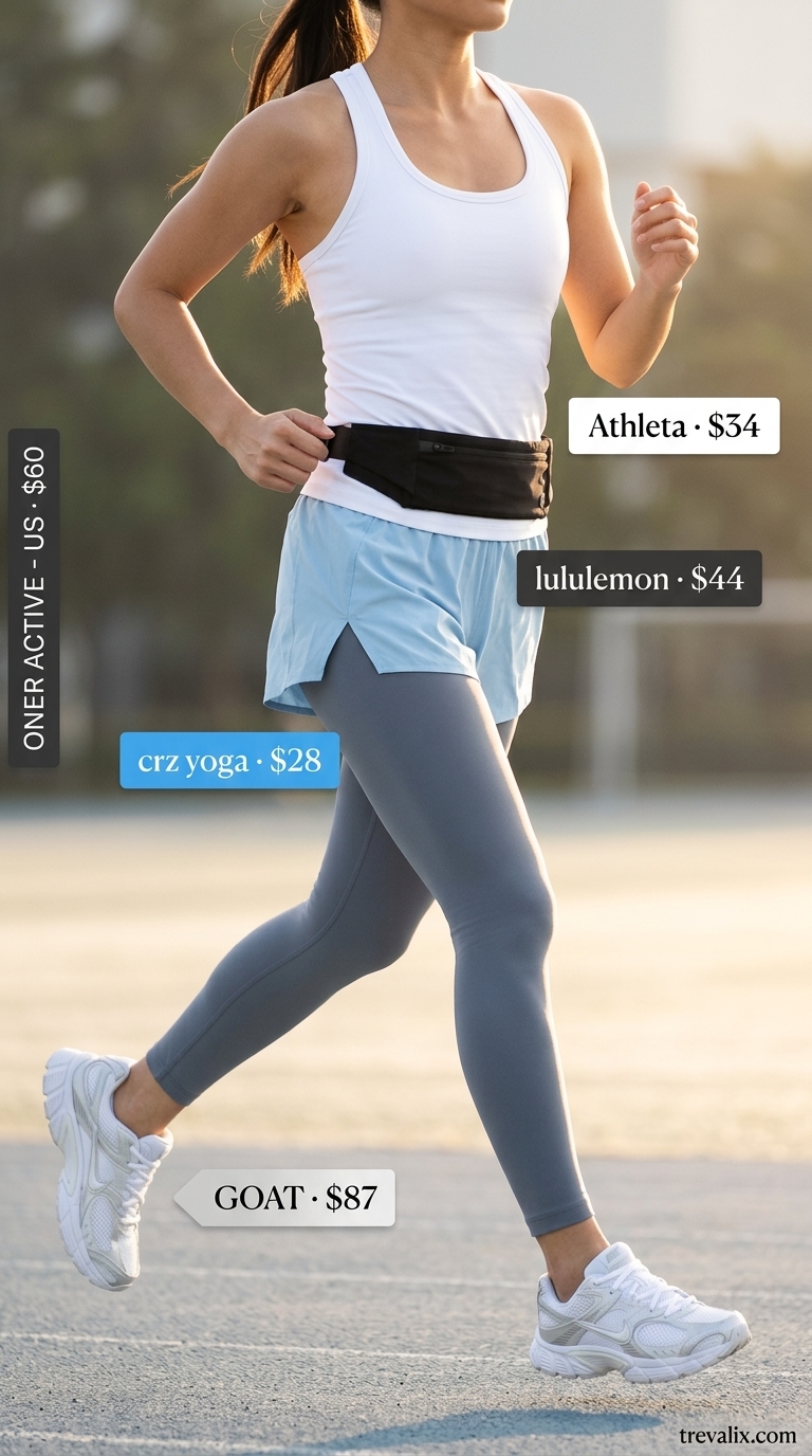 Trendy summer activewear for women 2026: Light blue shorts, white tank, black belt, running shoes.