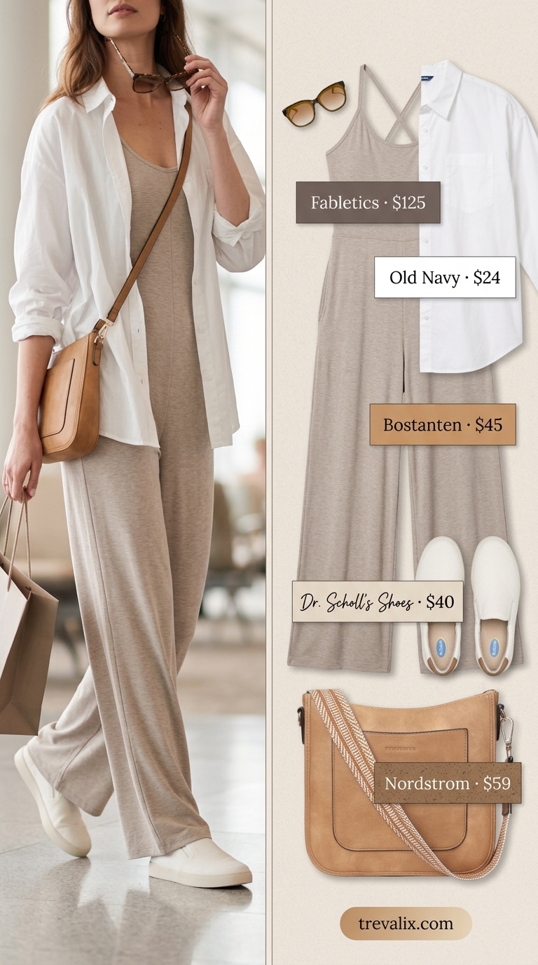 Trendy summer activewear for women 2026: Beige jumpsuit, white shirt, tan bag, white sneakers for travel.