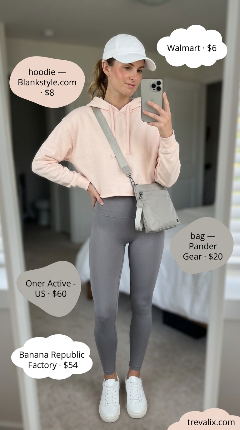 Trendy summer activewear for women 2026: Blush pink hoodie, white cap, grey bag, white sneakers for weekend.