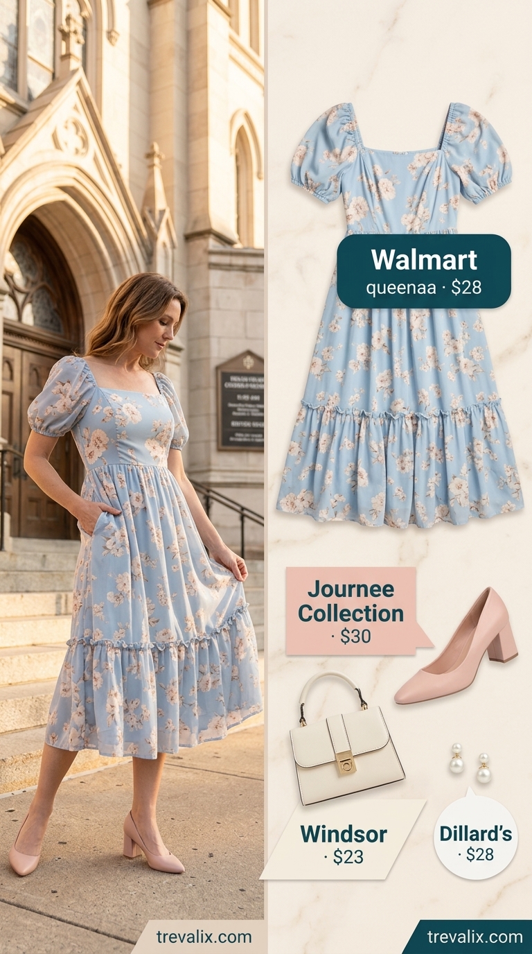 Trendy summer church outfits for women 2026: Blue floral midi dress, cream bag & nude mules.