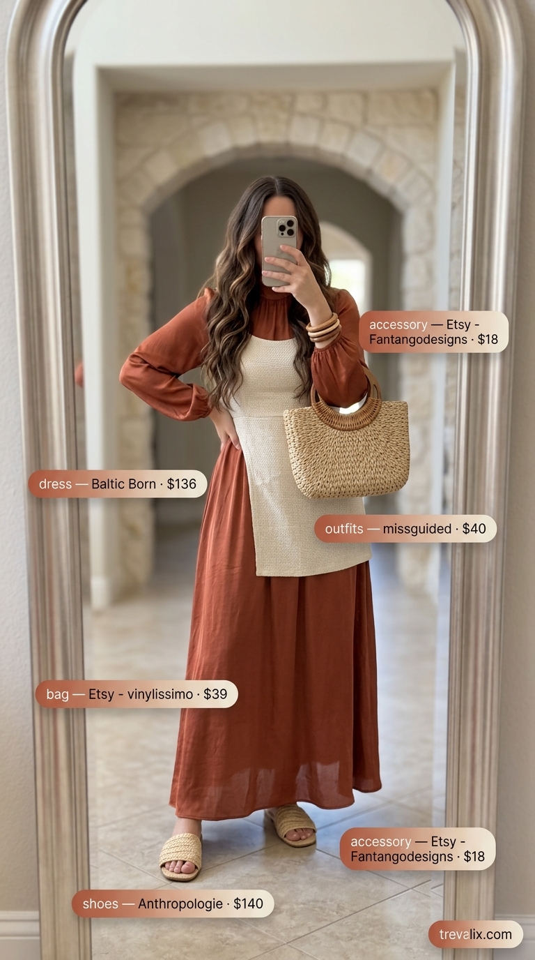 Trendy summer church outfits for women 2026: Terracotta floral maxi dress with wood and raffia accessories.