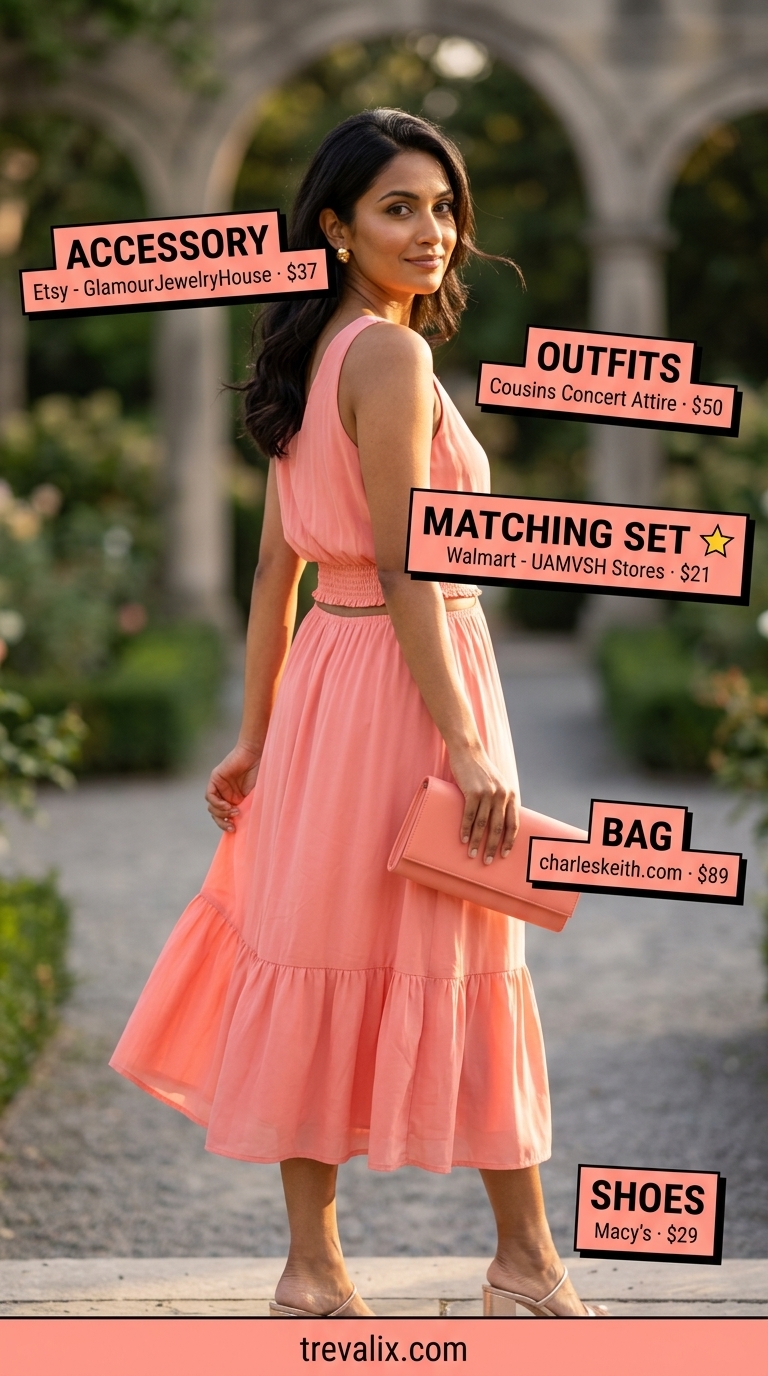 Trendy summer church outfits for women 2026: Coral matching set with white sandals and gold earrings.