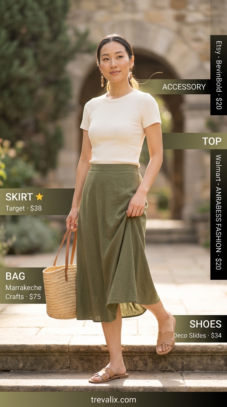 Trendy summer church outfits for women 2026: Olive green maxi skirt with cream top and woven tote.