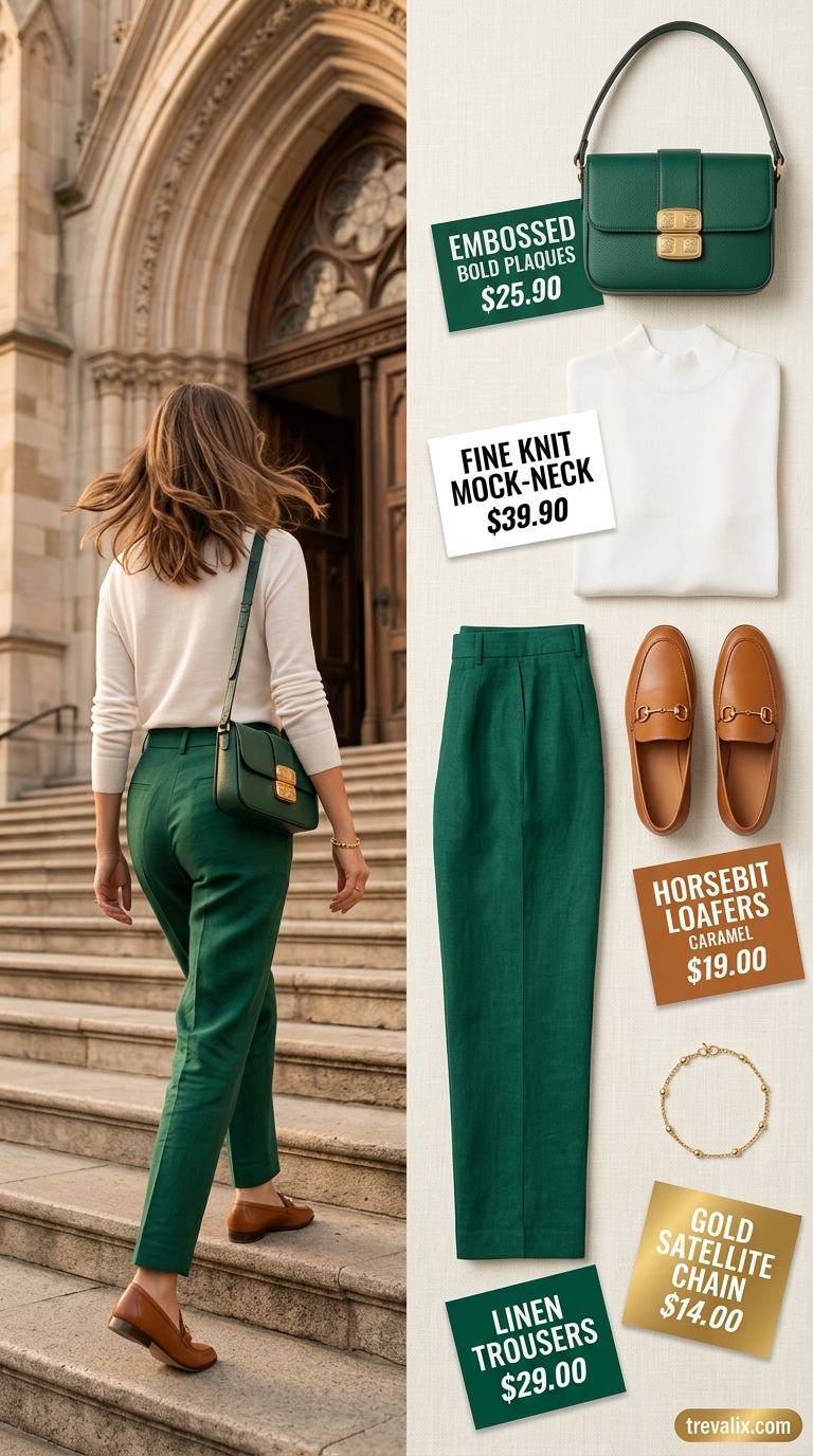 Trendy summer church outfits for women 2026: Emerald green trousers, white top, loafers & shoulder bag.