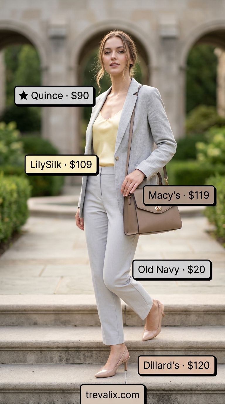 Trendy summer church outfits for women 2026: Grey blazer, yellow camisole, white trousers & heels.