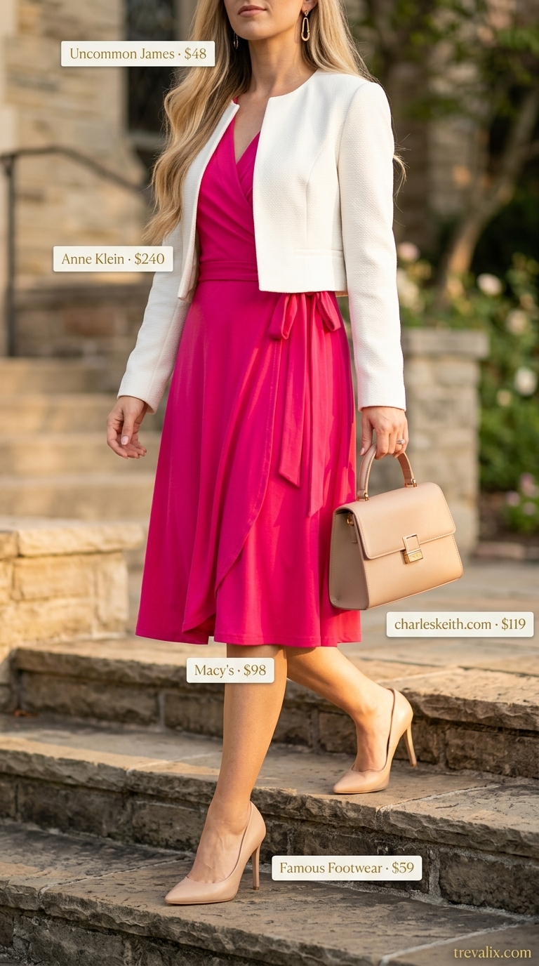 Trendy summer church outfits for women 2026: Hot pink wrap dress, nude bag & heels, gold earrings.