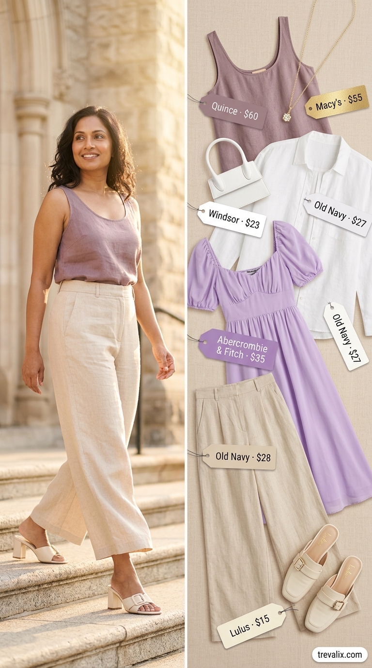 Trendy summer church outfits for women 2026: Lavender A-line midi dress with white and gold accessories.