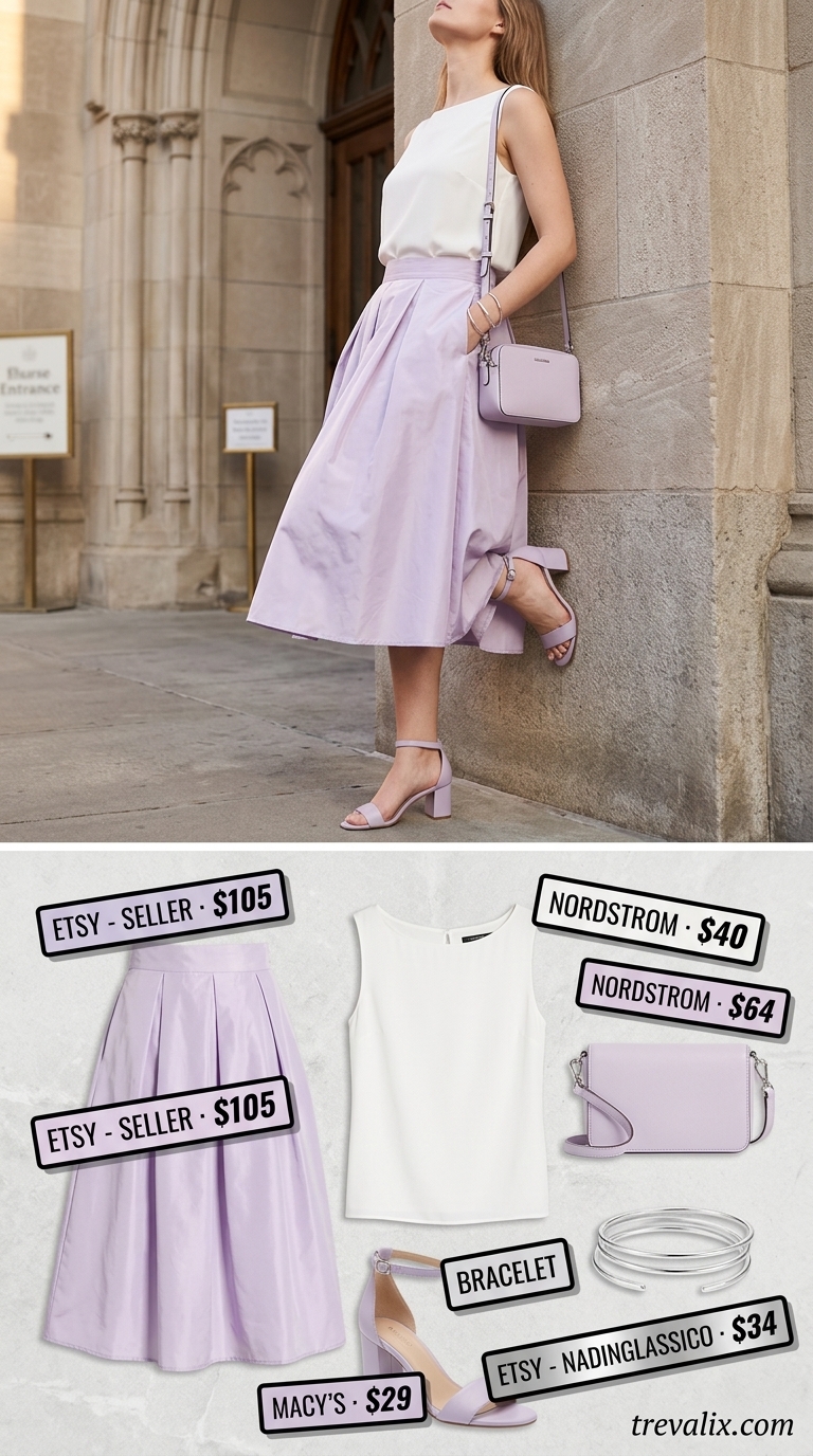 Trendy summer church outfits for women 2026: Lavender satin midi skirt, white top, silver sandals & bag.