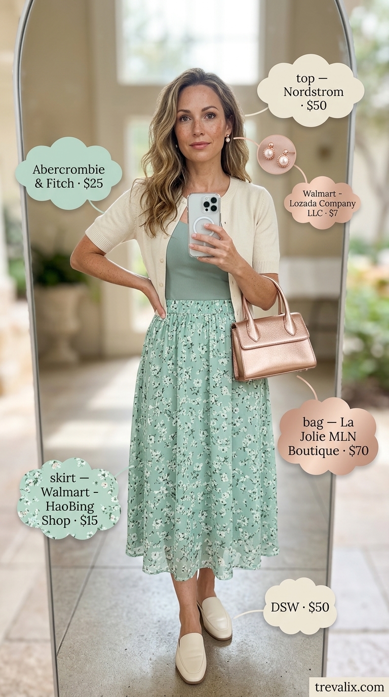 Trendy summer church outfits for women 2026: Mint floral skirt, cream sweater, rose gold bag & flats.
