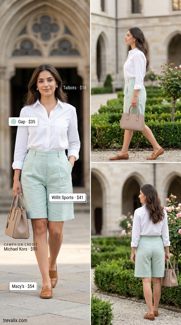 Trendy summer church outfits for women 2026: Mint green Bermuda shorts with white button-down and pearls.