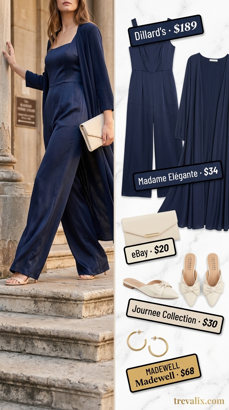 Trendy summer church outfits for women 2026: Navy jumpsuit, cream clutch, gold hoops & mules.
