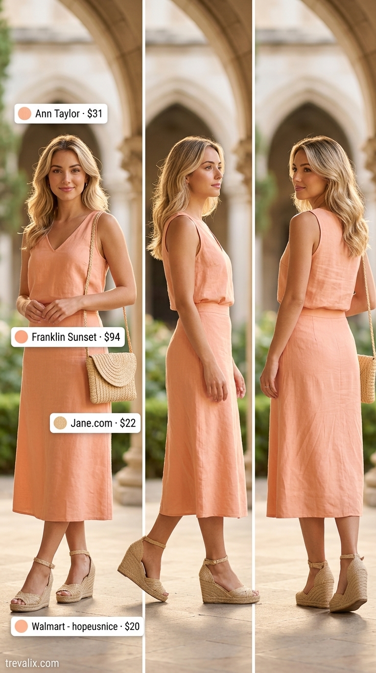 Trendy summer church outfits for women 2026: Peach linen set, white blouse, straw tote & sandals.