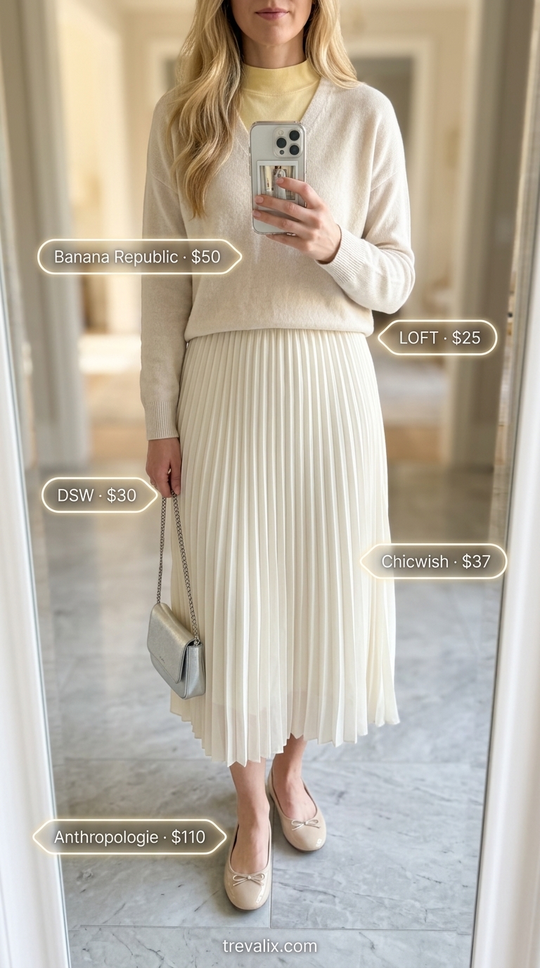 Trendy summer church outfits for women 2026: Yellow chiffon skirt, ivory top, silver bag & flats.