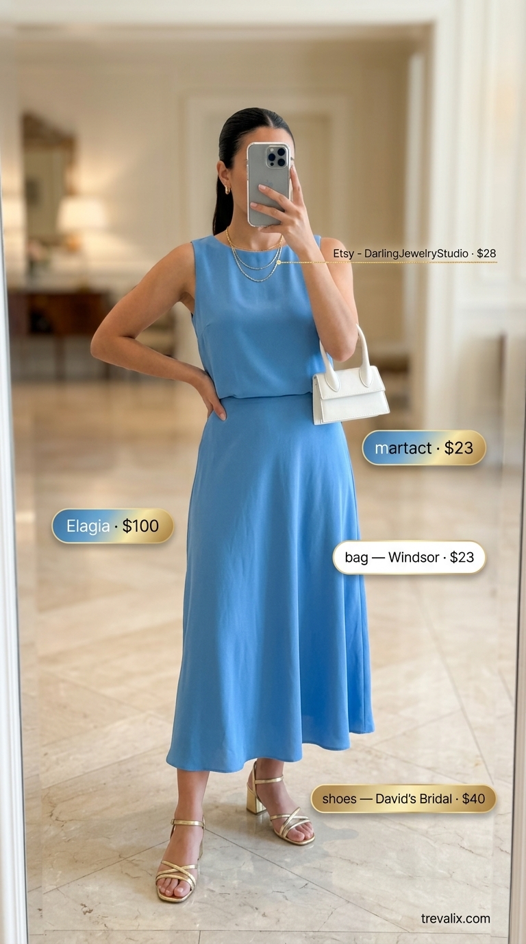 Trendy summer church outfits for women 2026: azure blue matching set, white sandals, gold necklace.