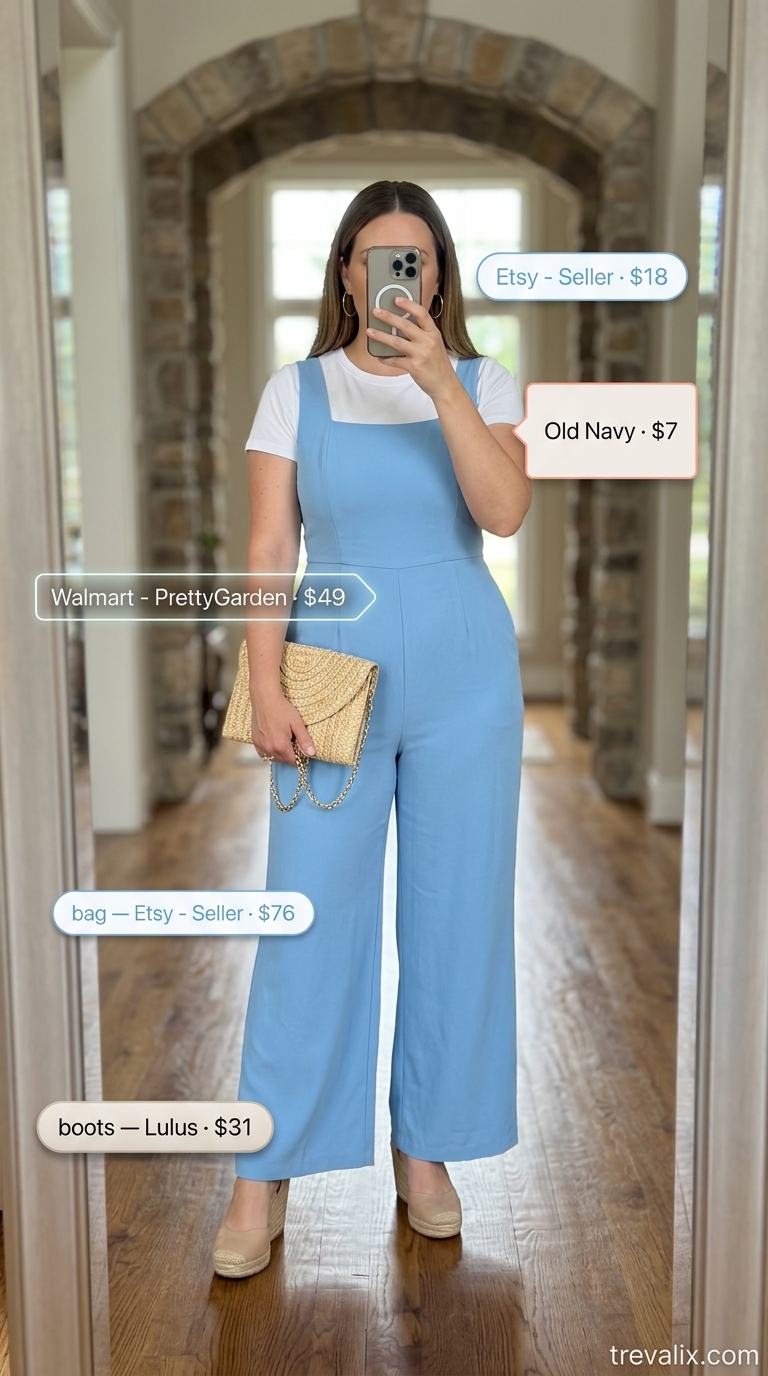 Trendy summer church outfits for women 2026: sky blue sleeveless jumpsuit, white espadrilles, raffia clutch.