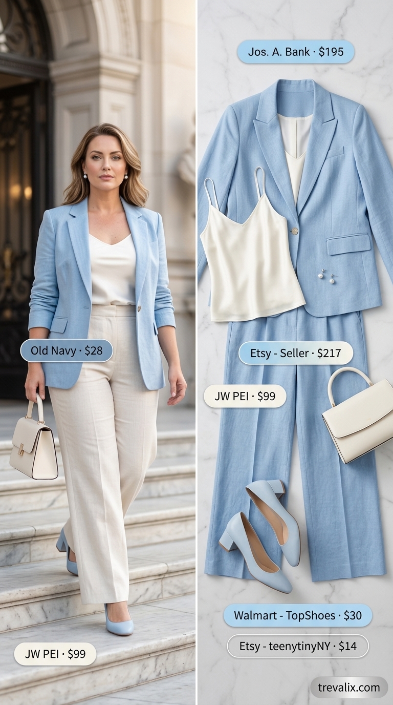 Trendy summer church outfits for women 2026: sky blue blazer, white camisole, wide-leg trousers.