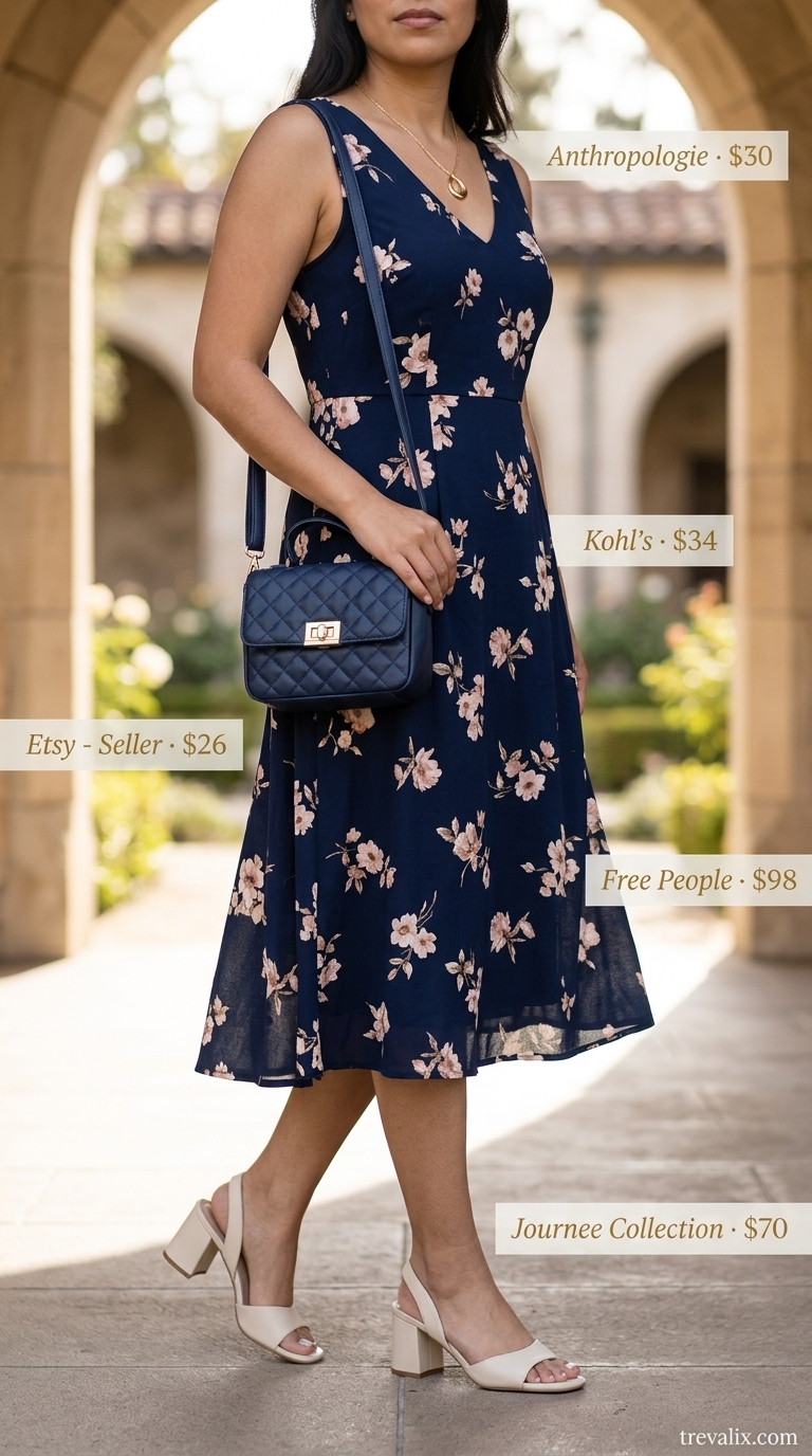 Trendy summer church outfits for women 2026: navy floral midi dress, blush pink bag, cream block heels.