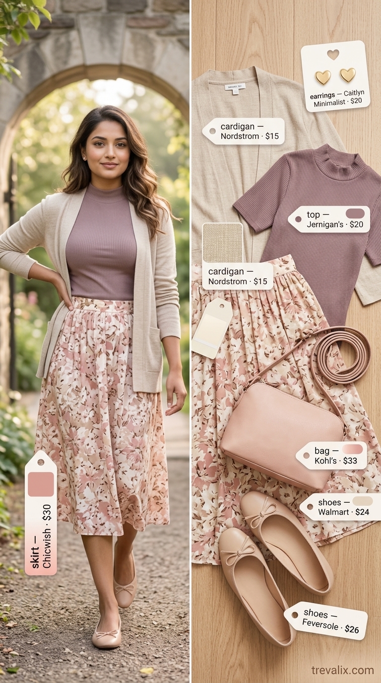 Trendy summer church outfits for women 2026: blush floral midi skirt, cream knit top, beige cardigan.