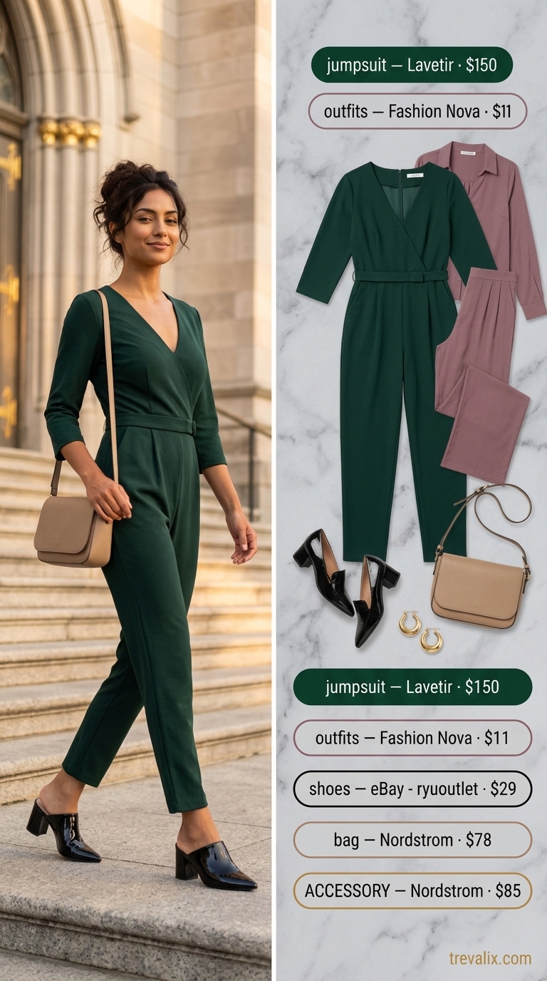 Trendy summer church outfits for women 2026: forest green wide-leg jumpsuit, gold earrings, tan block heels.