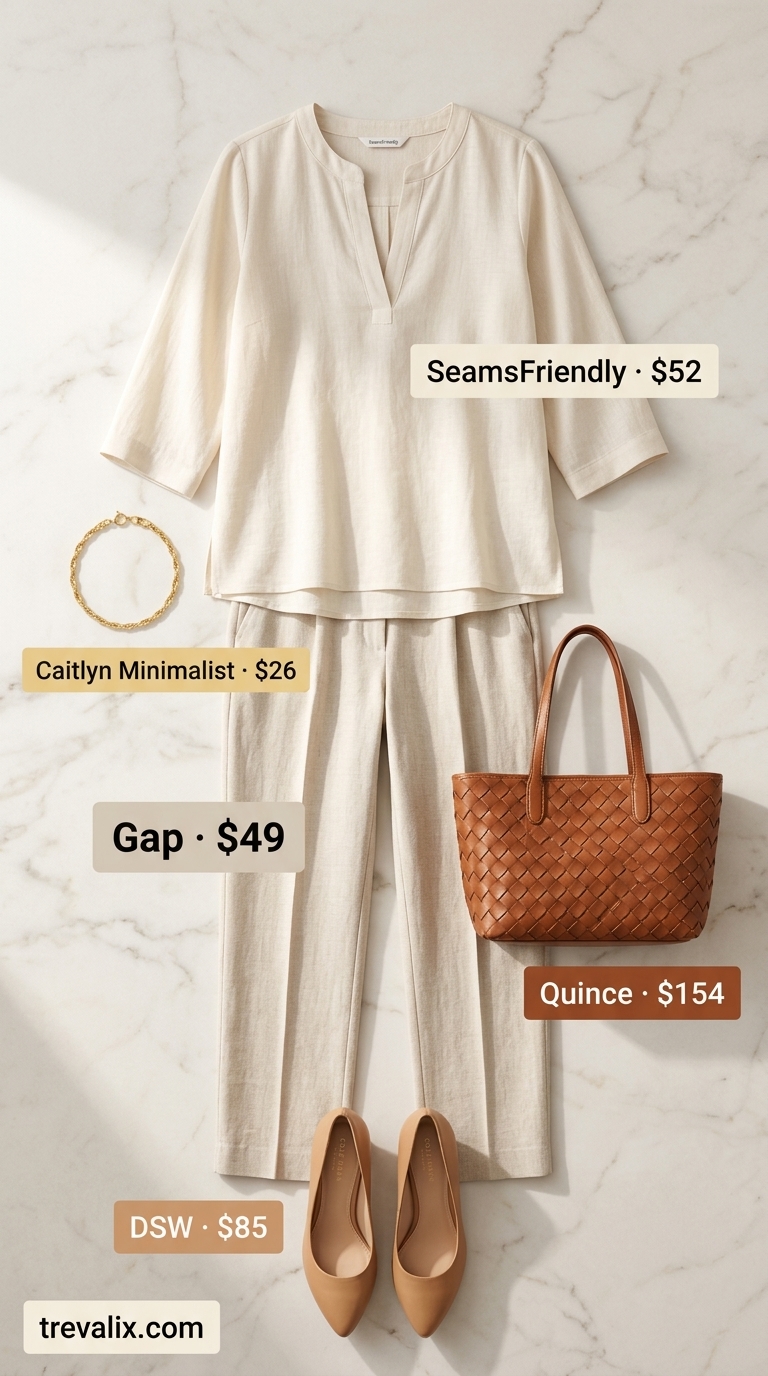 Trendy summer church outfits for women 2026: oatmeal linen pants, matching tunic, brown slides.