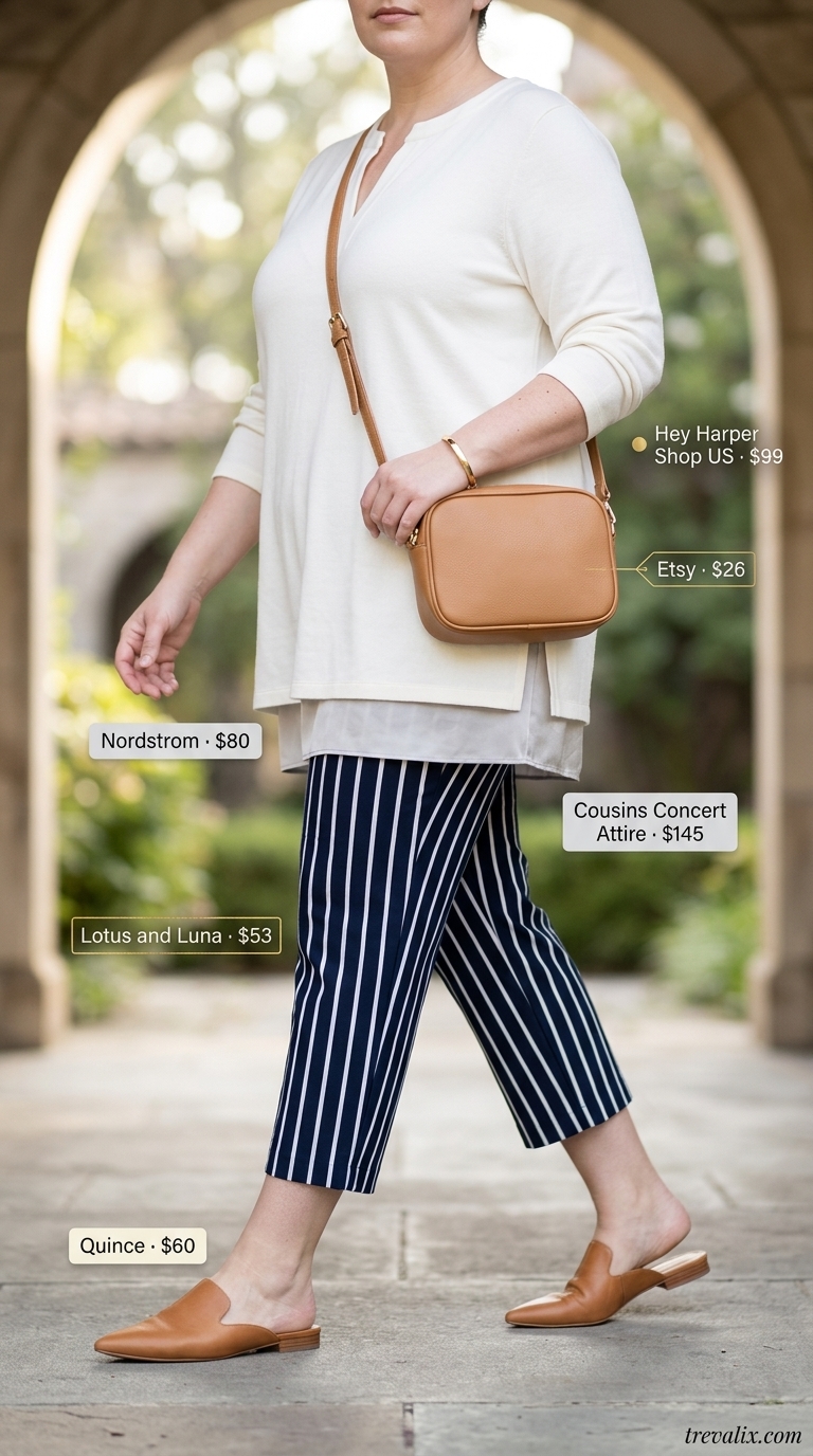 Trendy summer church outfits for women 2026: navy stripe culottes, white tunic blouse, tan mules.